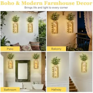 【SUHOPE】Summer Super Deal Hanging Wooden Vase Wall Decor - Set of 2, Brown Finish Boho & Modern Farmhouse Decor with Fairy Lights & Artificial Plants, Wall Art for Living Room, Bedroom, Bathroom Home Decor Gift Idea