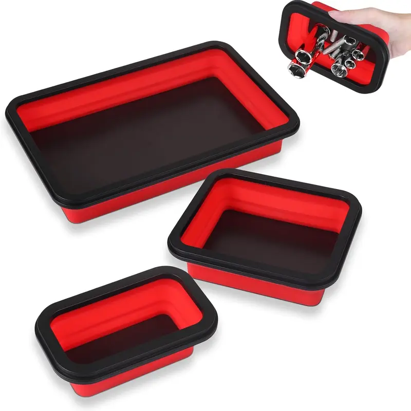 Upgrade Collapsible Magnetic Parts Tray Set, Foldable Magnetic Tool, 4.25 inch Square Silicone Bowls with Magnetic Base Stores and Organizes Small Parts and Tools