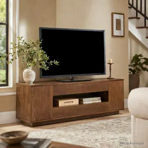 59" Mid-Century Modern Walnut TV Stand for TVs Up to 65" - Open Storage, Side Cabinets, Drawers, Curved Vintage Design, Living Room Decor, Ideal for Living Room, Office, Tv Console Cabinet, Wooden Tv Stand