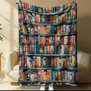 Vintage Bookshelf Print Lightweight Nap Blanket, Boho Library Floral Aesthetic Small Throw Blanket, Soft Cozy Blanket for Sofa, Reading Nook & Travel, Ideal Gift for Book Lovers