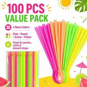 100Pcs spoon type straw plastic pp disposable with spoon, creative dual-purpose colored fruit smoothie stirring spoon straw, Party Pack