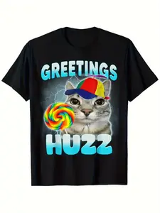 Men's Unisex Printed Short-Sleeve T-Shirt with Collars, Comfy Cotton Fabric, Playful "Where The Huzz At" Cat Meme Design, Streetwear Basic Tee for Cat Lovers