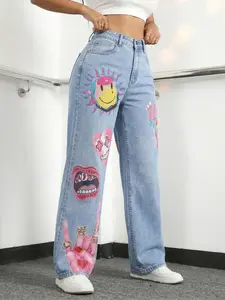 Women's High-Waist Wide-Leg Denim Jeans! High-Rise Medium-Stretch Printed Style—Semi Baggy Jeans Fit, Bedazzled Jeans Sparkle & Still Cool Jeans Vibe! Print has '1AS /  ' motif + extra-light blue wash, matches Baggy Jeans Outfit. Stuns with Cream Loafers!