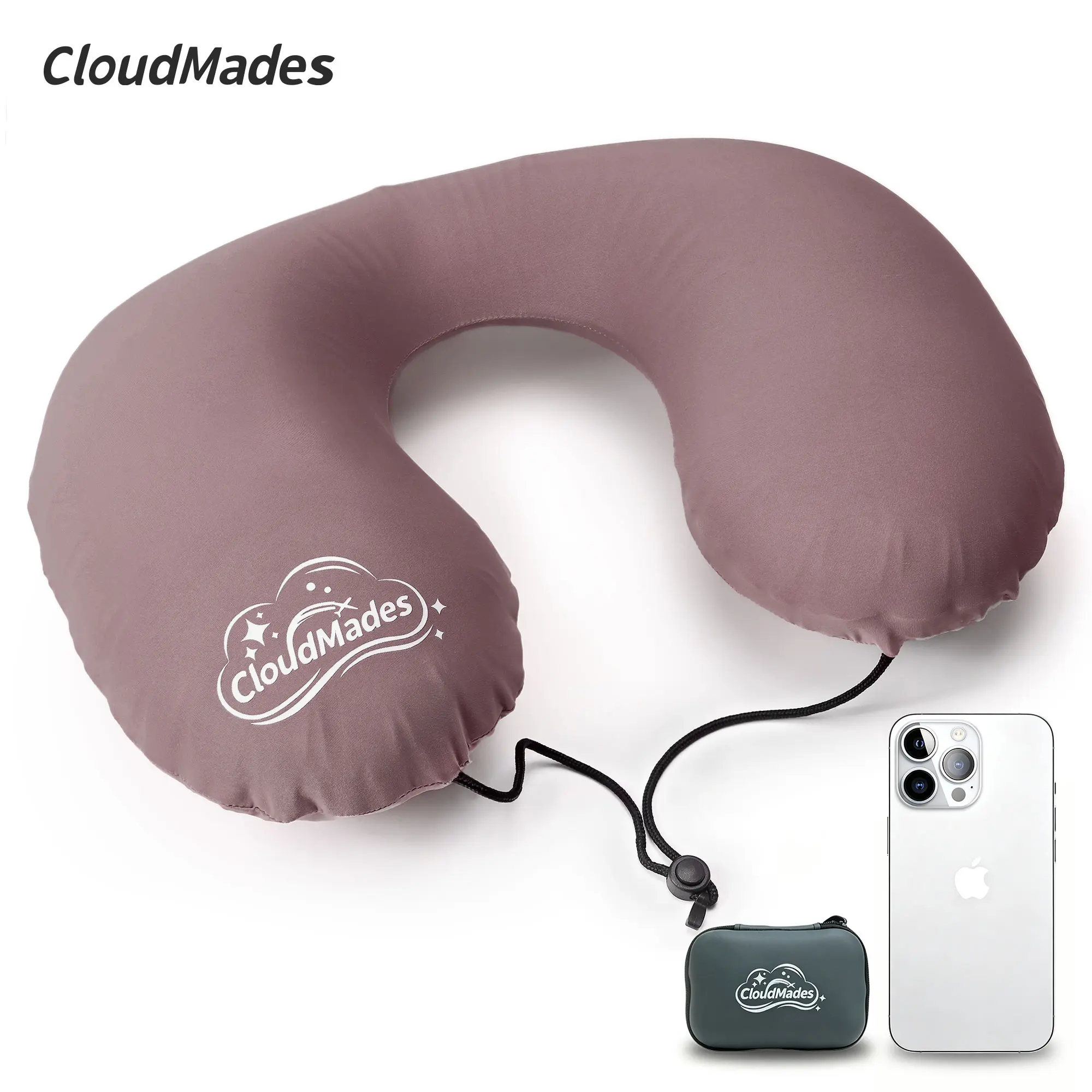 CloudMades Travel Neck Pillow, Premium Inflatable 360° Head Support, Only 2.4oz Ultra Lightweight, Breathable & Washable Cover, Portable Storage Box, Ideal for Airplane, Train, Car Travel
