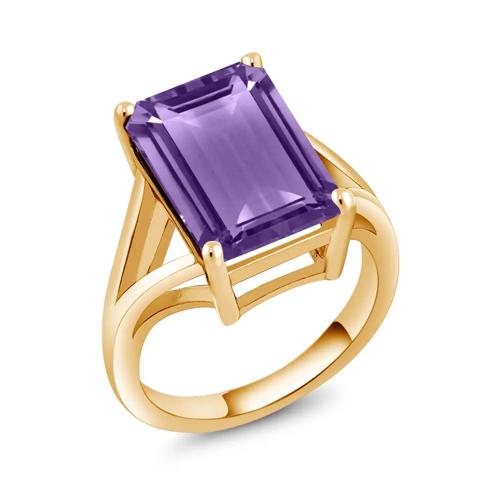 Gem Stone King Classic Bold Look Women's Engagement Ring - 5-10 Cttw Emerald Cut Birthstone Solitaire - 14x10mm - 18K Yellow Gold Plated Silver - Wedding Anniversary Ring - Sizes 5,6,7,8,9