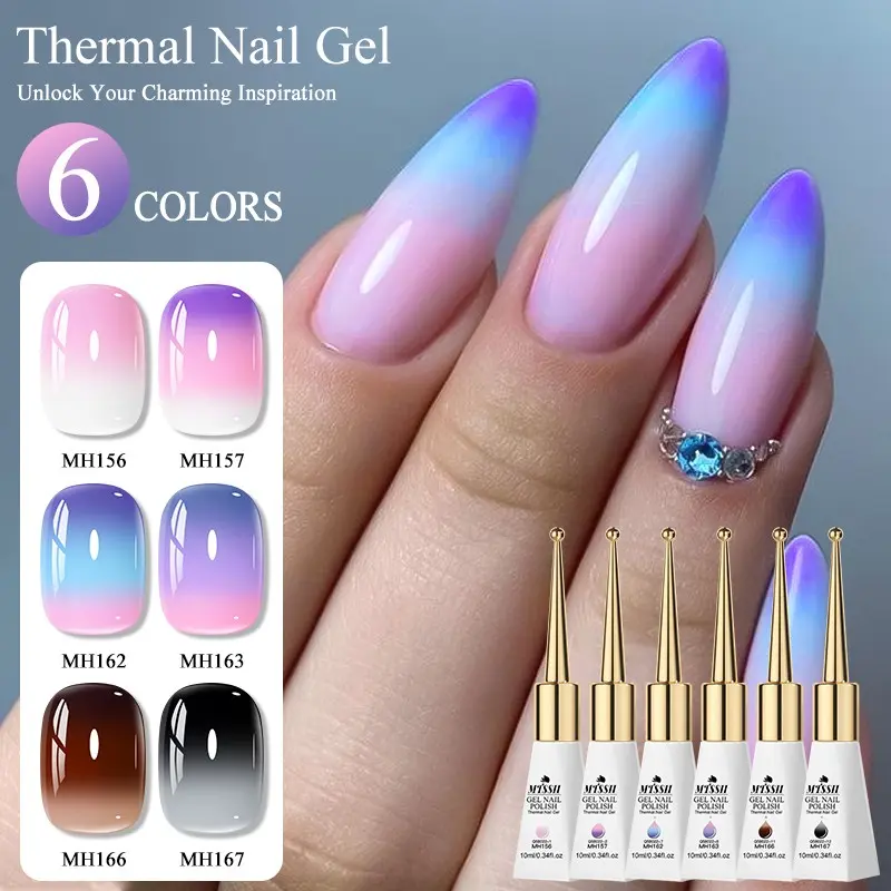 MTSSII 6Pcs 10ml UV Gel Set - Pink Purple Trending Thermal Color-Changing UV LED Nail Gel, Temperature-Reactive Polish With LED-Curable Gel Shine Finish, Professional Salon Nail Art For Women, Fashion Solid Color Gel For Salon-Quality Manicures