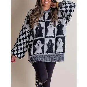 Boho tops for womenSpooky Season Checkered Sweater Knitwear Womenswear