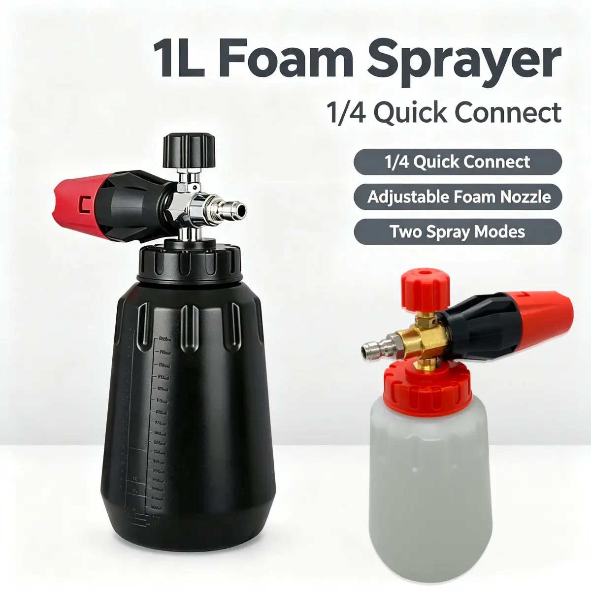 Foam Cannon for Pressure Washer, 34Oz 1L Car Foam Blaster with Brass Nozzle Core, Adjustable Spray Nozzle Wide Base Anti‑Clog Foam Sprayer for Car Motorcycle SUV Floor Window Driveway Cleaning, 1/4 Inch Quick Connector, 750‑4000 PSI