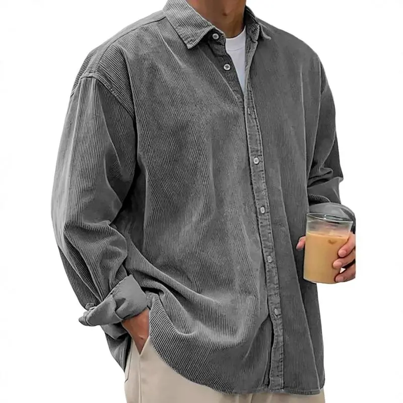 Men's Fit Corduroy Shirt - loose Relaxed Long Sleeve Collar Top