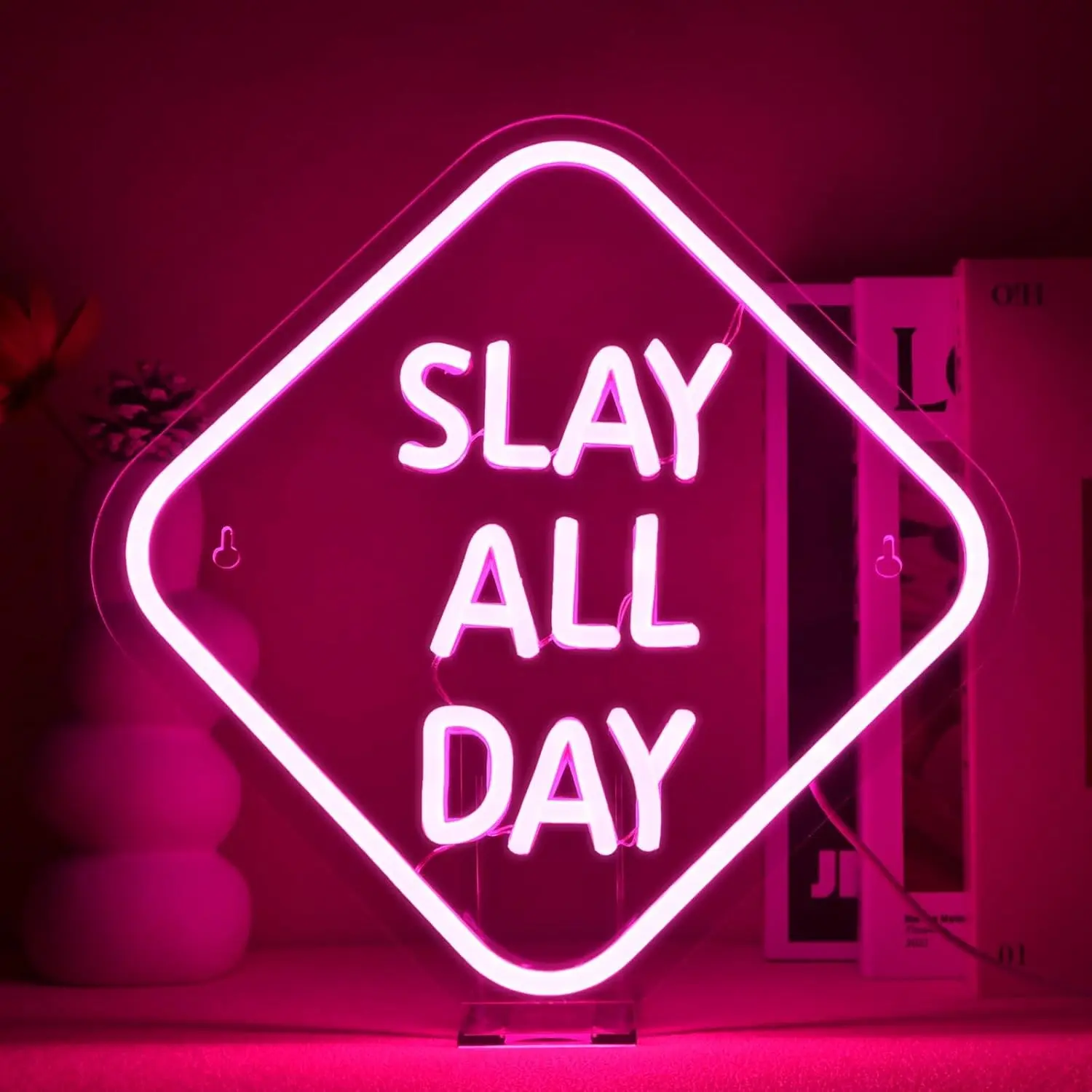 Slay All Day Pink LED Neon Illuminated Sign Light - Dimmable Wall-Mounted Glow Light for Girls Room, Dorm, Y2K Party Decor - Slay Queen Bedside Gift for Teen Girls, Preppy Room Decorations & Gaming Suite, Bedroom Night Light, Decorative Night Light