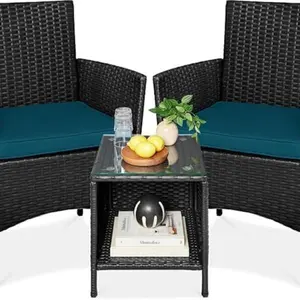 Gaomon 3-Piece Outdoor PE Rattan Wicker Patio Bistro Outdoor Furniture Set, 2 Cushioned Chairs, Glass-Top Coffee Table, Small Porch Conversation Furniture for Balcony, Garden