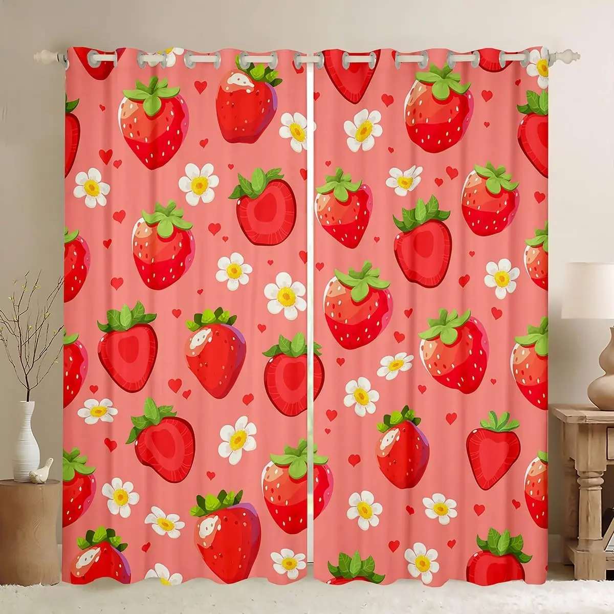 Cartoon Strawberry Darkening Dreapes Kawaii Strawberry Floral Printed Curtains Natural Flowers Blossom Theme Blackout Curtains Pink Window Treatments (2 Panels)