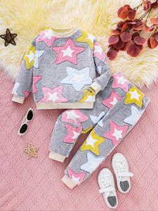 two-piece set girl's star print sweatshirt & pants set, cute long sleeve round neck pullover & trousers, kids fall & winter clothes