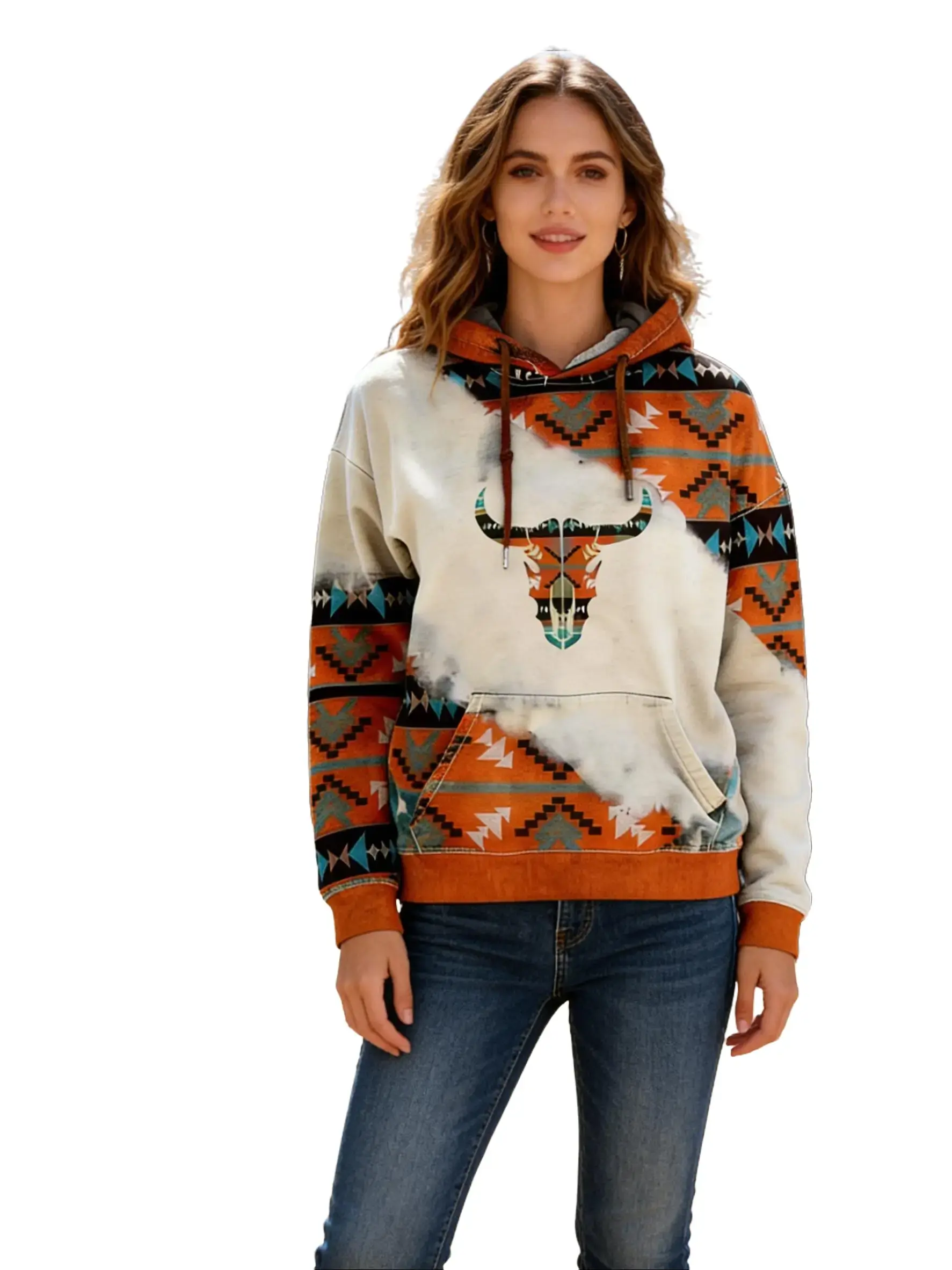 Women's Vintage Western Aztec Print Hoodie, Tribal Bull Head Graphic, Boho Cowboy Style Drop Shoulder Drawstring Sweatshirt, Casual Summer Outfits