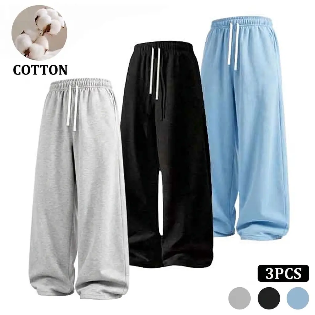 Men’s wide-leg athletic sweatpants, 3-pack; pure cotton long pants; casual elastic-waist drawstring long pants; loose street-style casual pants with pockets