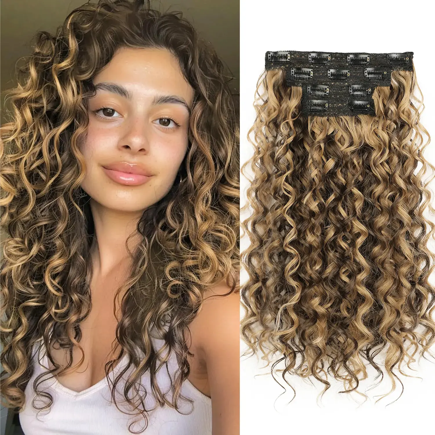 HMD Women's Clip-in Hair Extensions, 16 Inch Kinky Synthetic Hair, 4 PCS Set with Tangle-Free Fiber and Natural Weft for a Secure Fit, Curled Hair Extensions, Synthetic Artificial Hair
