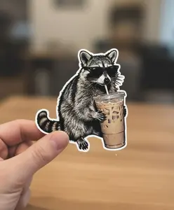 Raccoon Drinking Iced Coffee Sticker | Funny Animal Meme Sticker | Coffee Lover Raccoon Sticker, Laptop Water Bottle Decal