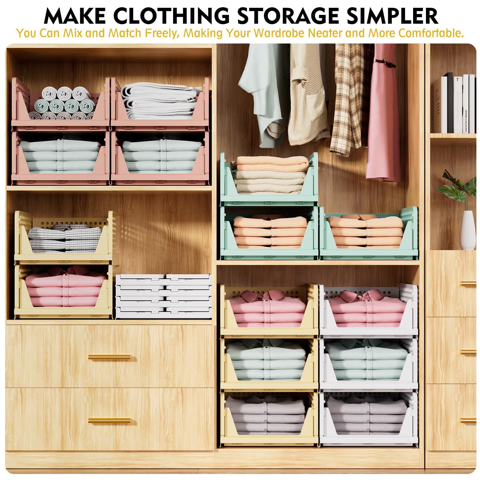 5 Pack Stackable Closet Storage Basket, Multifunctional & Foldable Closet Organizer for Bathroom Kitchen Laundry Room Wardrobe Storage, Space-Saving Clothes Storage Drawer Organizer