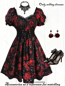 Gothic Vintage Bubble Sleeve Rose Print Dress, Lace Patchwork Dark Rose Retro Dress, Spring Summer Women's Floral A-Line Dress