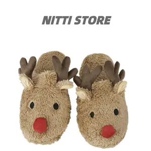 Women's Big Red Nose Reindeer Slippers - Plush Lined Warm Indoor Outdoor Non-Slip Slippers for Christmas Gifts - Footwear, Walking Shoes