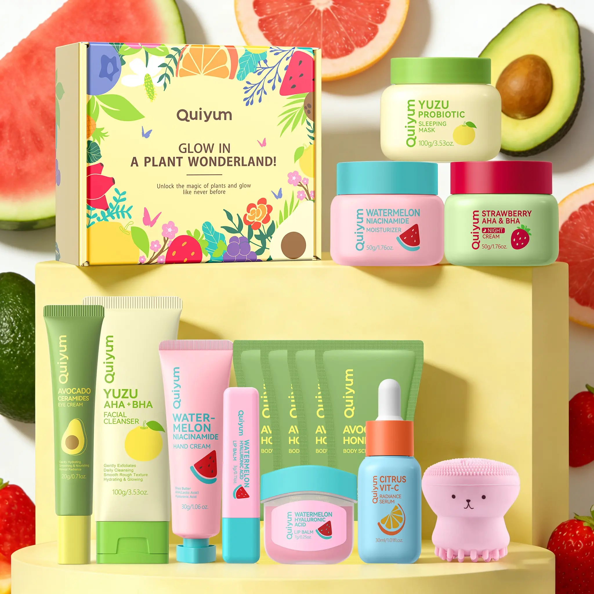 Quiyum Fruit Skincare Set with Cleanser, Creams, Masks, Hand Cream, Lip Balm, Eye Cream, Scrub & Serum, Best Gift, Birthday Gift Ideas, Skin Care Kit for Women & Girl, Skin Rejuvenating Set, Exfoliate Nourish Set, Moisturizing Care Set, Hydration Set