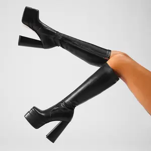 Wetkiss Stacked Platform Knee High Boots for Women With High Chunky Heel, Gogo Boots for Women with Square Toe Side Zipper Stretch   ,Women's Shoes,Women's Boots  #TikTokShopHolidayHaul