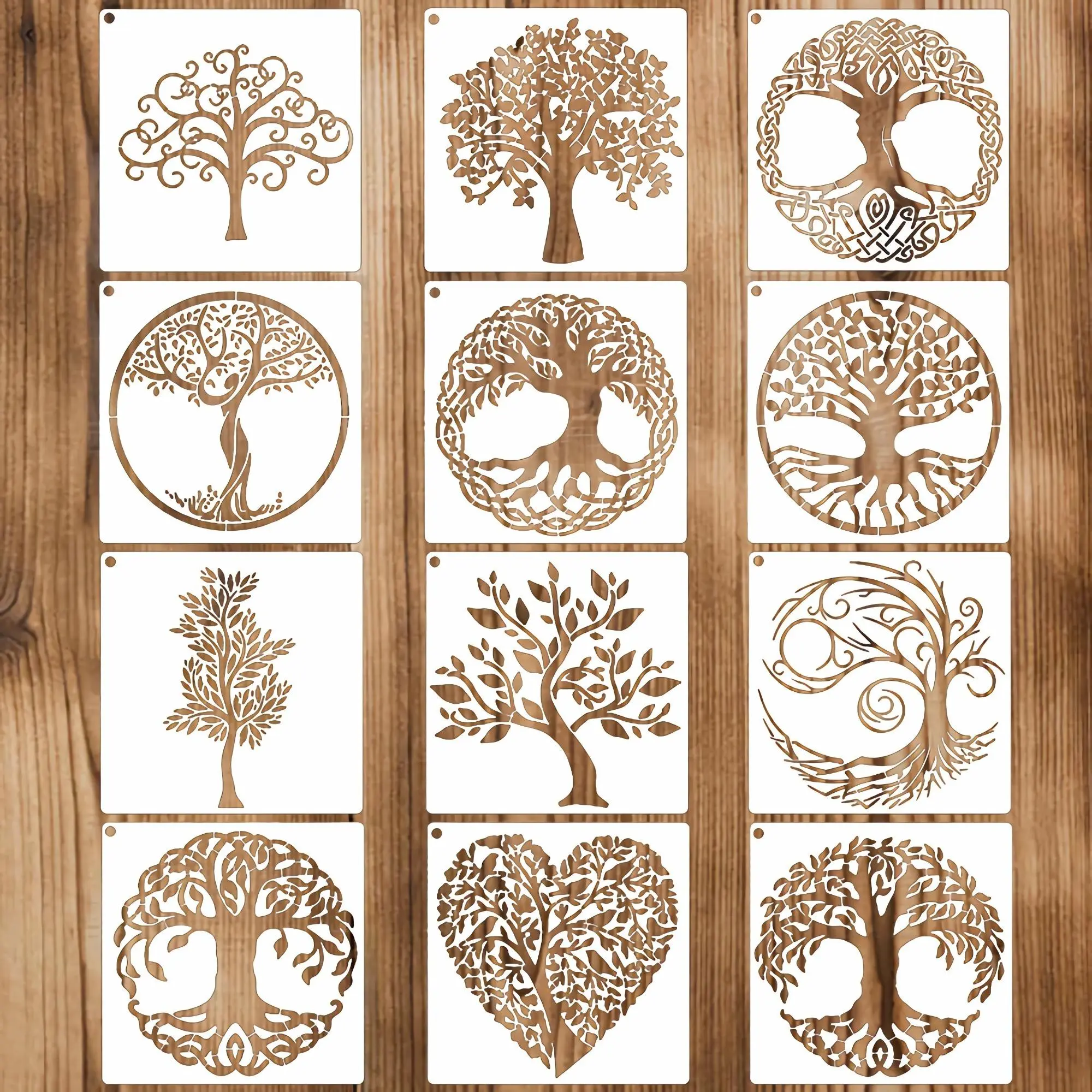 Tree Pattern DIY Painting Template Set, 12pcs Hollow out Design Drawing Template, Art Supplies for Students School