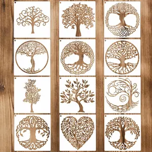 Tree Pattern DIY Painting Template Set, 12pcs Hollow out Design Drawing Template, Art Supplies for Students School