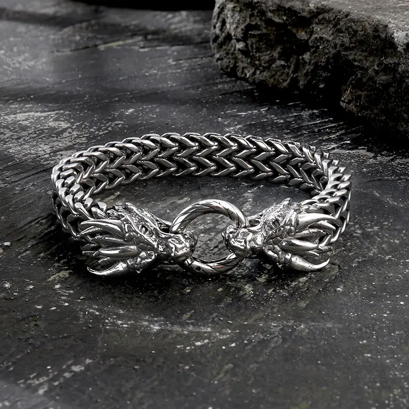 GTHIC Punk Double Dragon Head Hoop Stainless Steel Bracelet Charms Animal Jewelry Accessory for Men Women Birthday Gift