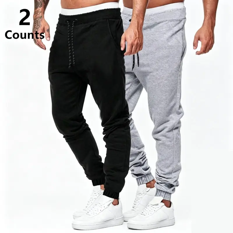Men’s 2-Pack Solid-Color Drawstring Harem Joggers - Clean Look, Contrasting Waistband, Minimalist Design, Standard Sizes for Spring/Autumn Commuting & Casual Wear, Contrasting Draw