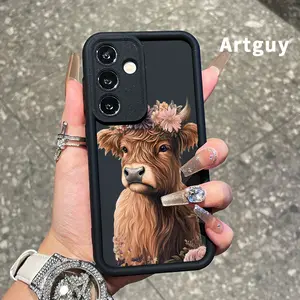 Phone Case Compatible with Samsung Galaxy S23 Ultra S24 Plus S25 S22+ Flower - Crowned Highland Cow Pocket-Friendly Shockproof Silicone Protective Softcase
