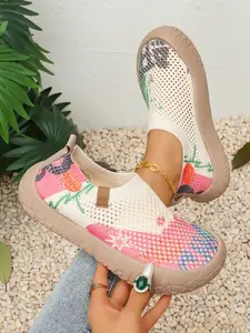Summer breathable mesh slip-on women's shoes, colorful printed soft anti-slip walking shoes, all-season lightweight lazy shoes, comfortable for commuting and strolling without stuffiness, wide-foot friendly shoes for moms Footwear Open Slip On