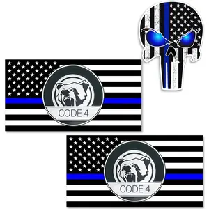 3-Pack Black&Blue Thin Blue Line Sticker - CODE 4 Skull & US Flag | Fade Resistant