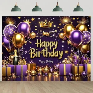 Balloon Crown Happy Birthday Background Banner, 1 Count Birthday Party Decoration, Indoor & Outdoor Decoration, Wall Decoration, Photography Background, Ornaments, Party Decorations Banners
