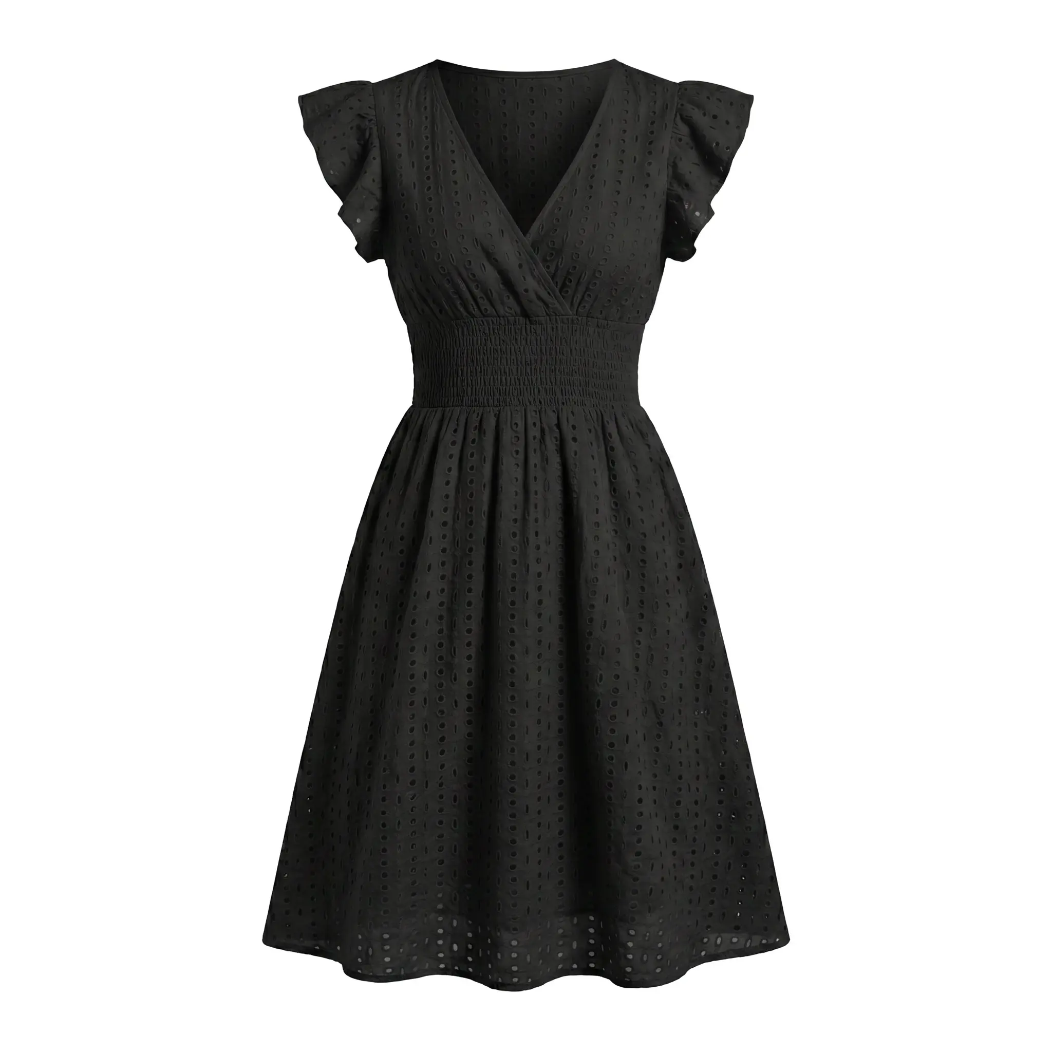 Plus Size Feminine Eyelet Embroidery Midi Dress, Breathable Casual A-Line with V-Neck, Smocked Waist and Ruffle Sleeves, Style, Shortsleeve, Cap, Elastic, Women, Essential, Lightweight, Soft, Casual Wear