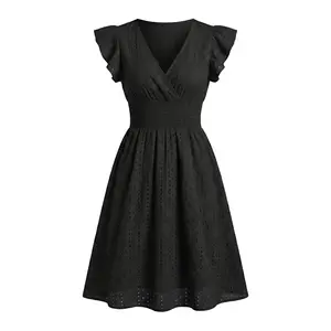 Women's Plus Size Eyelet Embroidery Midi Dress, V Neck Ruffle Sleeve with Smocked Waist, Elegant A-Line Flowy Summer Dress