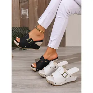 Women's Summer New Thick Sole Wedge Sandals, Fashionable Wedge Shoes, Open Toe Backless Fabric Slip-On Slippers, Casual Comfortable Shoes for Women