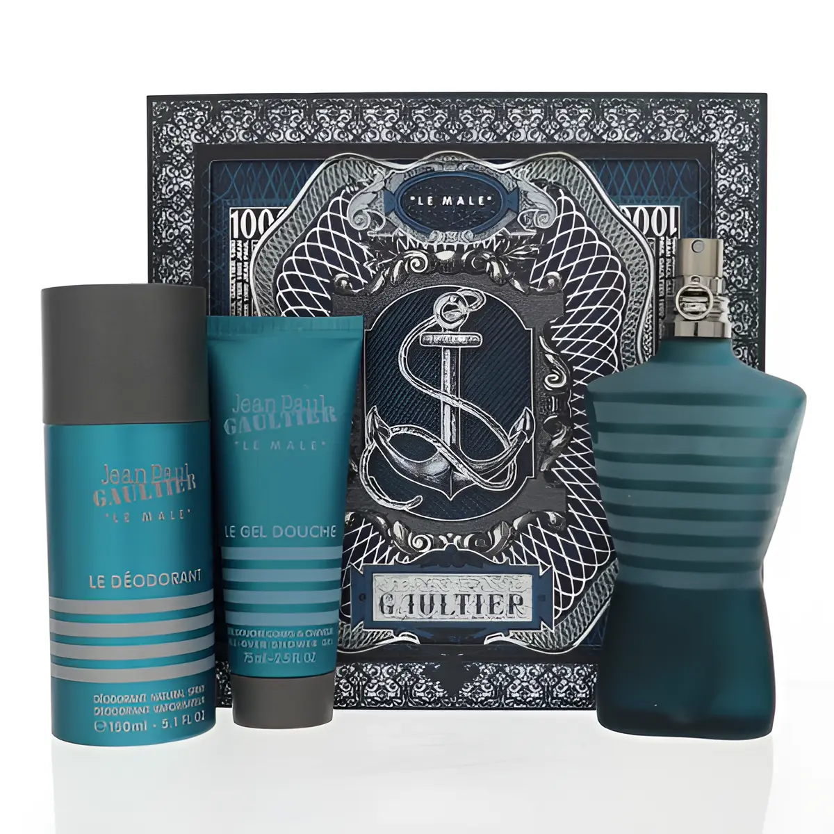 Jean Paul Gaultier Le Male for Men 3-Piece Gift Set (4.2 Ounce Eau de Toilette Spray + 2.5 Ounce All Over Shower Gel + 5.1 Ounce Deodorant Spray)