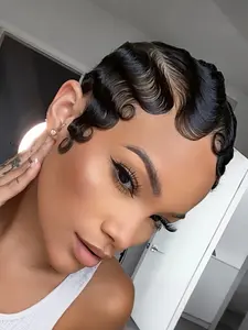Short Human Hair Wigs Finger Wave Wavy Natural Color Brown 99J Wigs For Women Machine Made Wigs Party Daily Wear