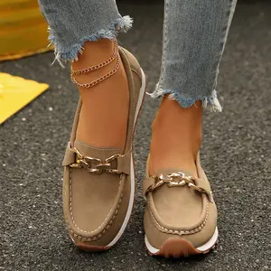 Women's Casual Loafers - Metal Chain Detail, Slip-On Design, Comfortable Indoor Outdoor Shoes for Women