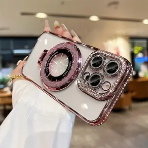 Electroplating glitter holder suitable for Apple 17 Pro Max 17 Air 16 Pro Max phone case, iPhone 16 Pro shiny, Aesthetic, niche, high-end feel, 11 12 13 14 15 16 PluS with glass lens protection, women's protection, edge drill protection shell Cover