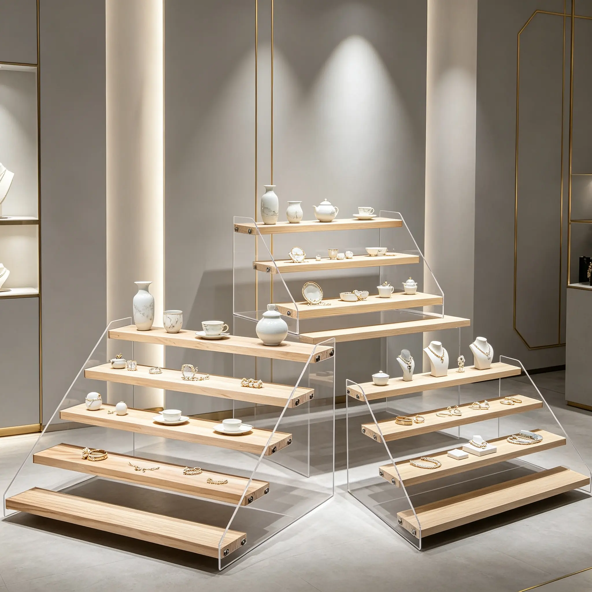 Wooden-Acrylic Tiered Display Stand Riser, Clear Shelf Organizer for Perfume & Cosmetics, Tabletop Storage Rack for Vanity Desks