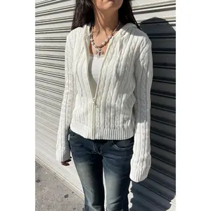 Downtown Girl Cable Knit Full Zip Cardigan Hoodie Sweater