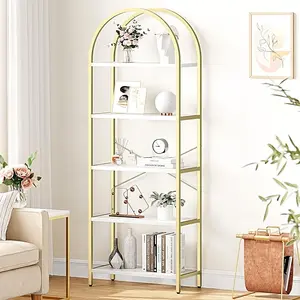 Arched Bookshelf 5 Tier Tall Bookcase Modern Standing Bookshelves Metal Storage Rack Shelf Wood Book Shelf for Bedroom, Living Room, Home Office