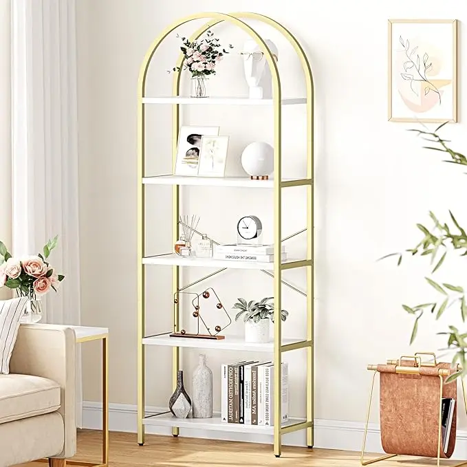 Arched Bookshelf 5 Tier Tall Bookcase Modern Standing Bookshelves Metal Storage Rack Shelf Wood Book Shelf for Bedroom, Living Room, Home Office