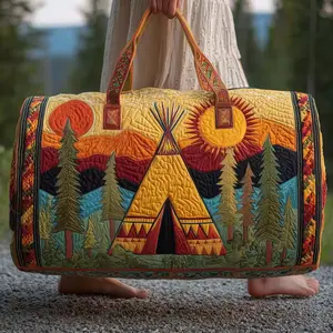 Hippie Journey Quilted Duffel Bag, Retro Rainbow Floral Van Travel Weekender, Boho Road Trip Overnight Bag, Cute Carry On Gift Travel Camper Nature Duffle Bag Boho Weekender Tote