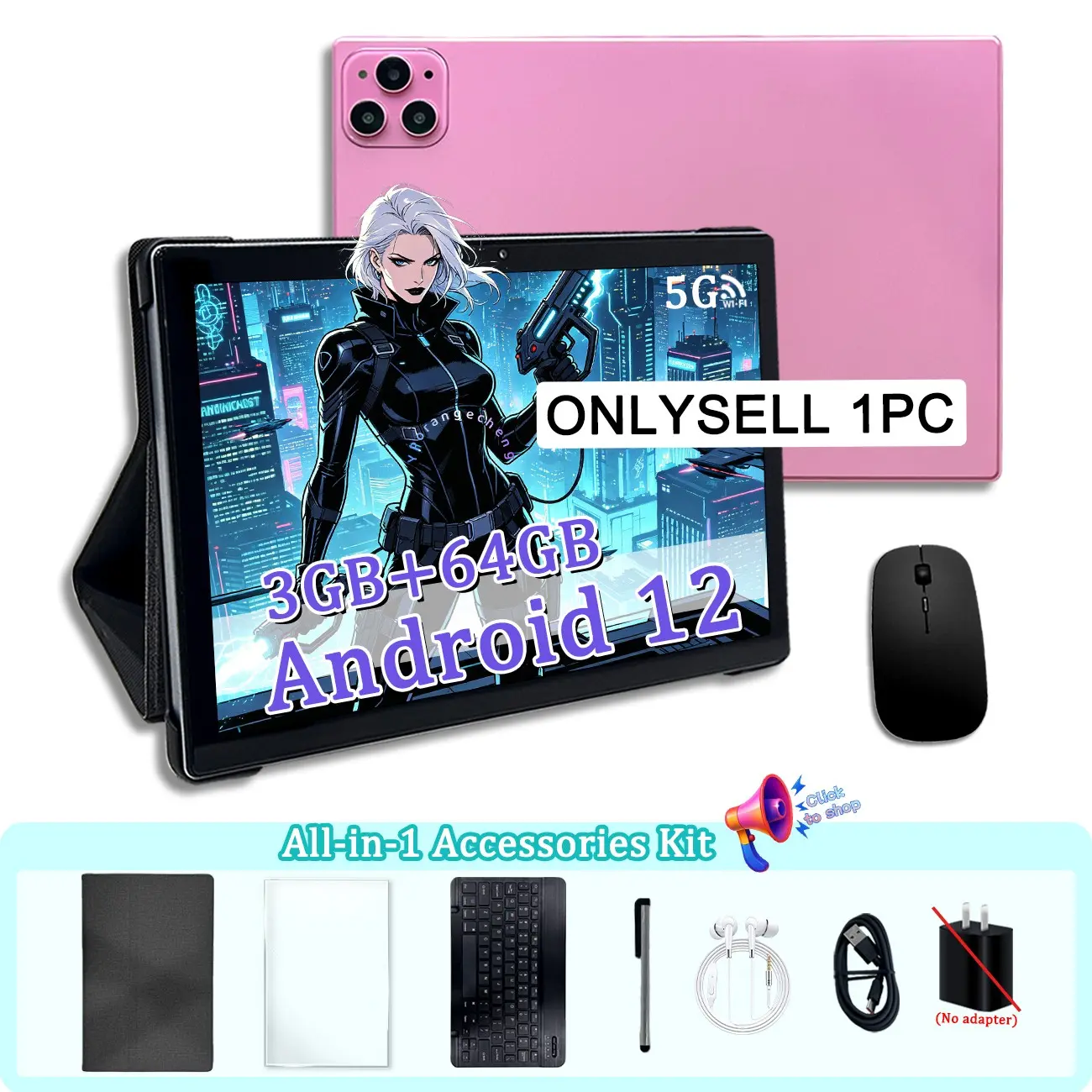 Spring/Summer Gift Bundle! 10.1-Inch Tablet, Lightweight & Portable, Includes Earphone + Mouse + Case, 5G Fast WiFi, HD Dual Camera, Great for Study & Play, Pink/Silver, Birthday Gift for Boys & Girls (No Adapter)