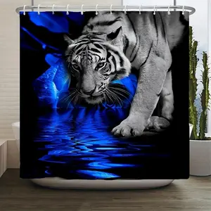A piece of blue water wave white tiger pattern printed shower curtain, perfect for bathroom decoration, partition, beautification space, waterproof, wear-resistant, easy to clean, machine washable, multiple sizes to choose from, send shower curtain hook