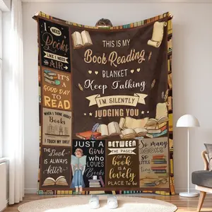 Book & Slogan Printed Flannel Blanket for Book Lovers Cozy Soft Throw for Couch Bed Sofa Camping Travel All Season Square Blanket Ideal Holiday Gift