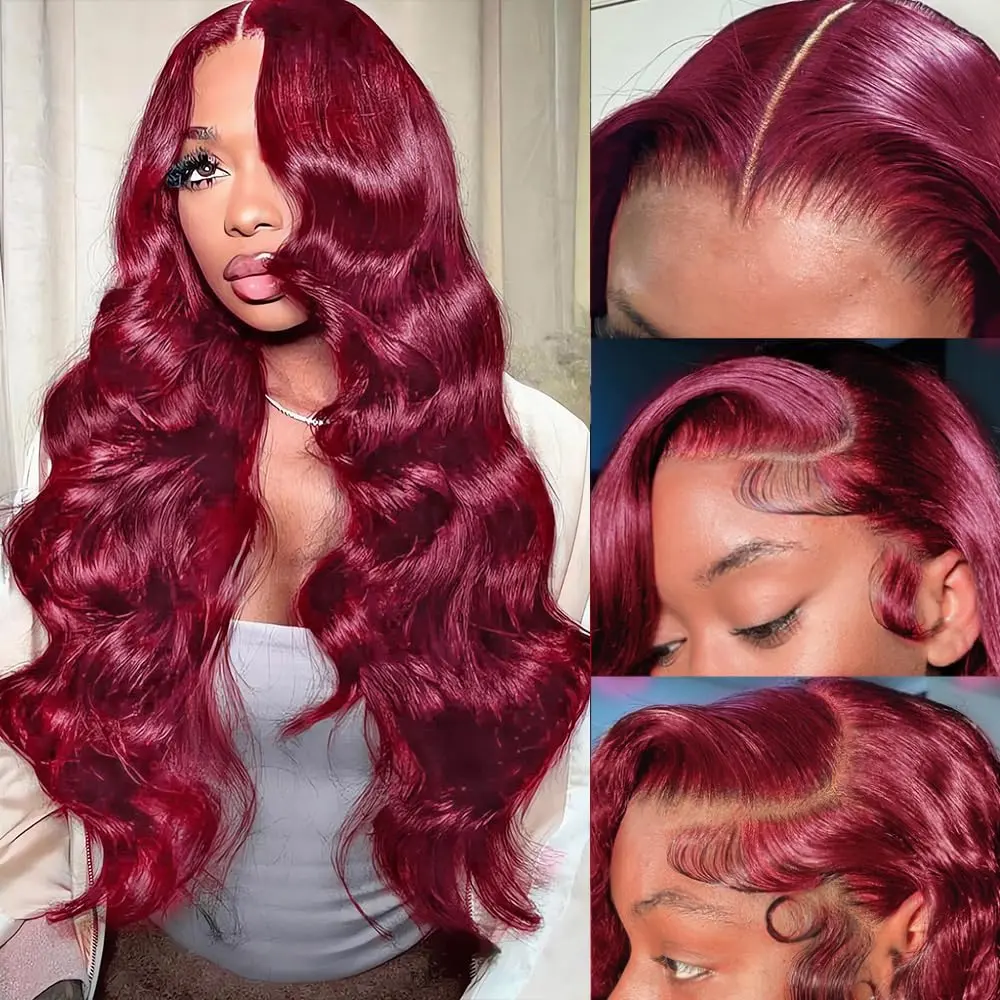 99J Burgundy Lace Front Wigs Human Hair 13x6 HD Transparent Body Wave Lace Front Wigs Pre Plucked 99j Burgundy Red Wine  Human Hair Wigs for Women Reddish Brown 200% Density 30 Inch